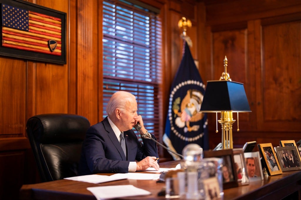 President Joe Biden speaks with President Vladimir Putin of Russia by phone from his private residence in Wilmington, Delaware.