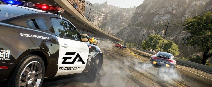 Image of a police car with "EA" on the side of it chasing a speeding car.