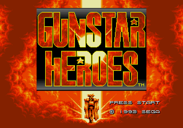 The title screen for Gunstar Heroes, featuring a huge block logo displaying the game's name, one of the game's key characters, and the copyright info.
