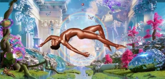 Lil Nas's glistening bronze body floats in a supine arch at the centre of a full rainbow, surrounded on all sides by lush, otherworldly landscape.