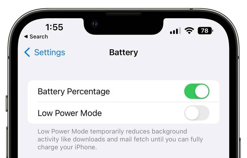iOS 16 battery percentage toggle