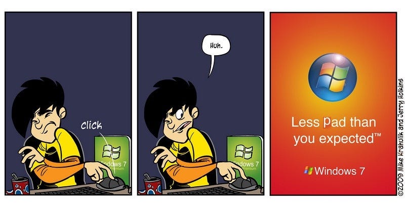 The cartoon has three frames. 1) A person clicking a mouse. 2) a speech bubble "Huh" and 3) a text frame with a Windows 7 box "Less pad than you expected"