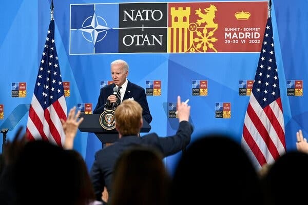 President Biden during a news conference on Thursday at the conclusion of the NATO summit in Madrid.