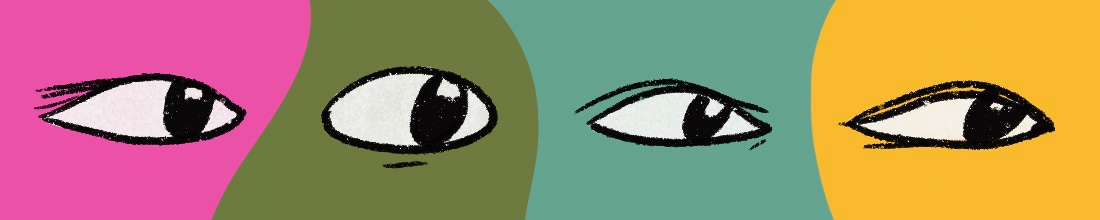 Sketches of eyes in various color blocks. 