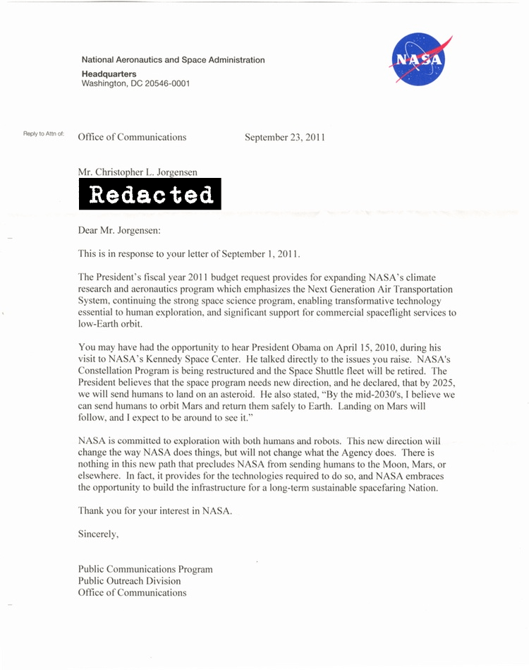 Scan of the letter from NASA. Transcript follows.