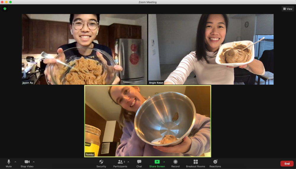 Screenshot of a video call with Jason and two friends showing their baking skills.