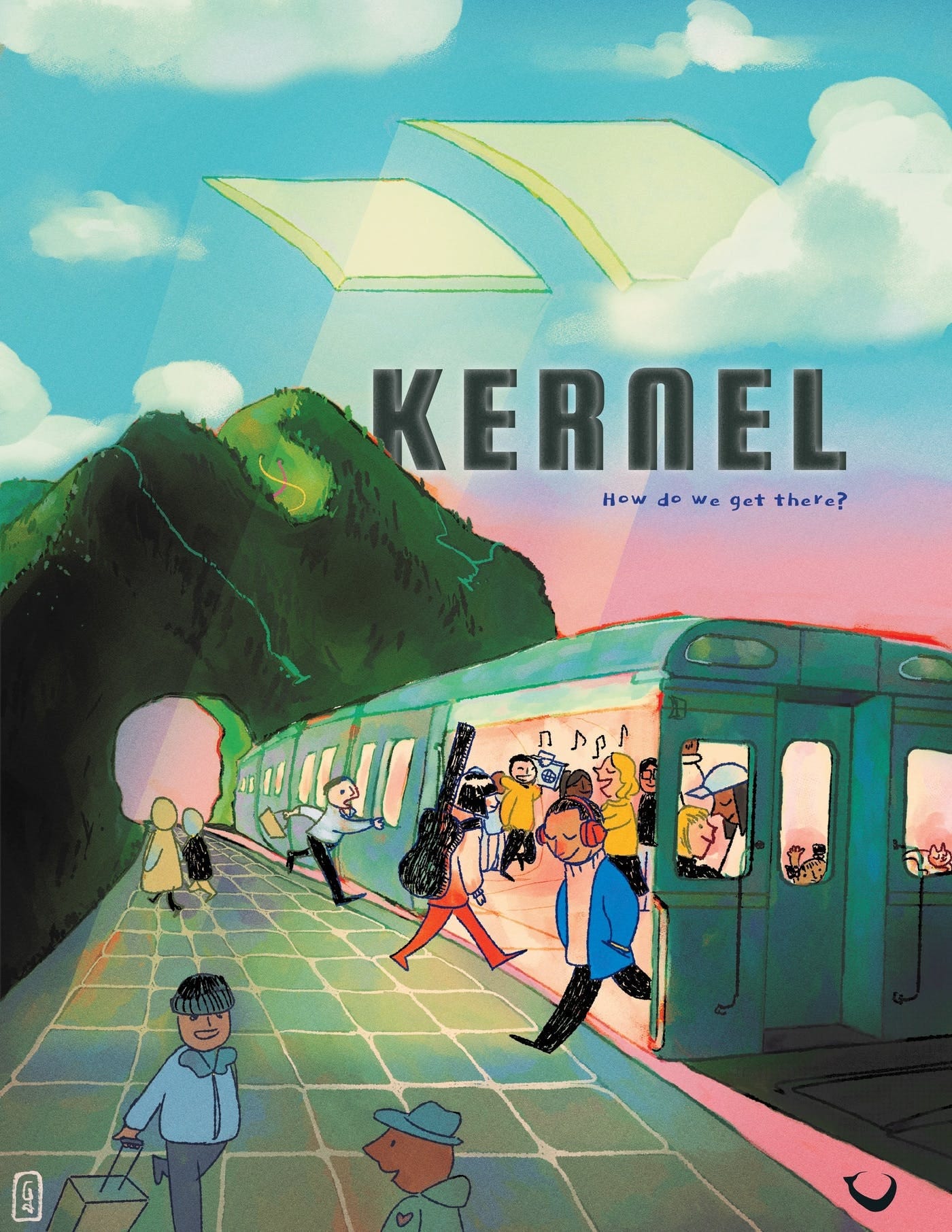 Cover of Kernel Magazine: How do we get there? Illustration of a train with happy people inside and mountains in the background