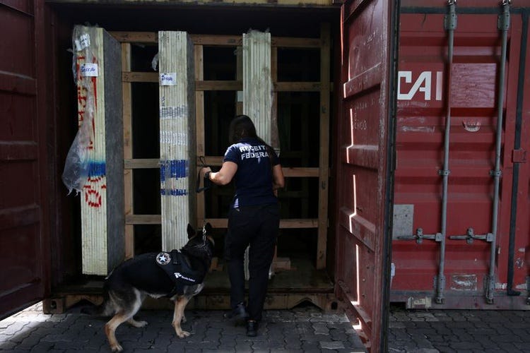 FILE PHOTO: A Brazilian custom agent uses a sniffer dog to inspect a container going to Europe for smuggled drugs at the Port of Santos in S