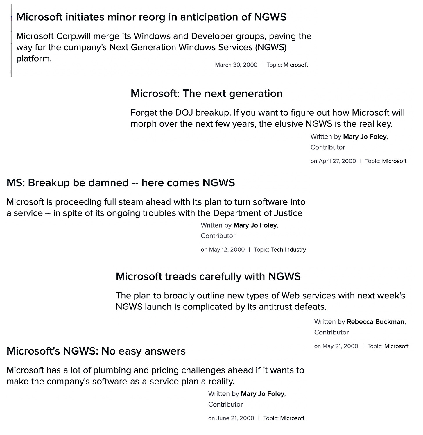 Microsoft initiates minor reorg in anticipation of NGWS Microsoft Corp.will merge its Windows and Developer groups, paving the way for the company's Next Generation Windows Services (NGWS) platform. March 30, 2000 | Topic: Microsoft Microsoft: The next generation Forget the DOJ breakup. If you want to figure out how Microsoft will morph over the next few years, the elusive NGWS is the real key. Written by Mary Jo Foley, Contributor on April 27, 2000 | Topic: Microsoft MS: Breakup be damned - here comes NGWS Microsoft is proceeding full steam ahead with its plan to turn software into a service - in spite of its ongoing troubles with the Department of Justice Written by Mary Jo Foley, Contributor on May 12, 2000 | Topic: Tech Industry Microsoft treads carefully with NGWS The plan to broadly outline new types of Web services with next week's NGWS launch is complicated by its antitrust defeats. Written by Rebecca Buckman, Contributor on May 21, 2000 | Topic: Microsoft Microsoft's NGWS: No easy answers Microsoft has a lot of plumbing and pricing challenges ahead if it wants to make the company's software-as-a-service plan a reality. Written by Mary Jo Foley, Contributor on June 21. 2000 | Topic: Microsoft