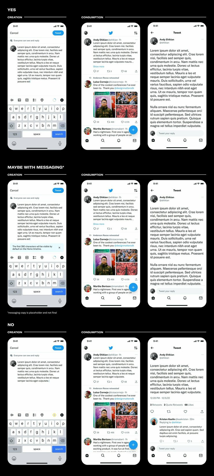 Diseños posible de la vista de posteos más largos en Twitter 