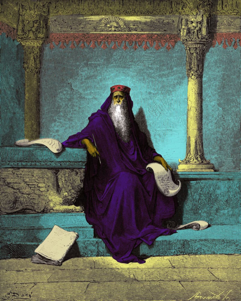 colorized version of the engraving "King Solomon in Old Age" by Gustave Doré