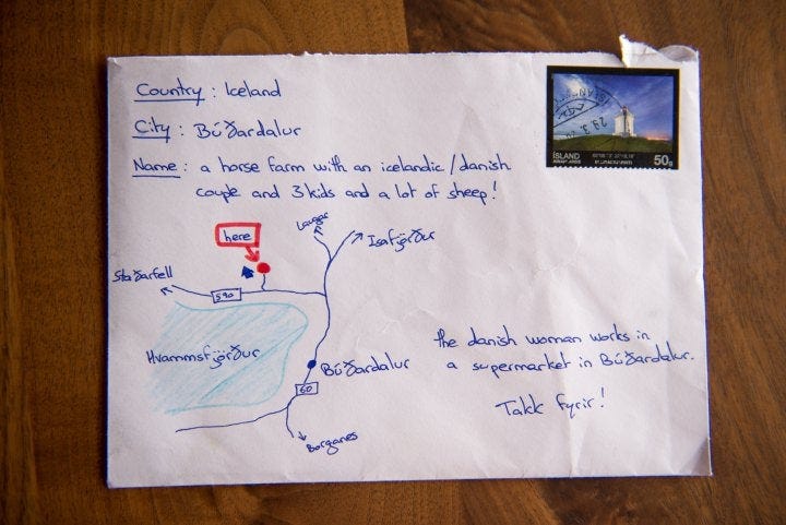 r/pics - Without an address, an Icelandic tourist drew this map of the intended location (Búðardalur) and surroundings on the envelope. The postal service delivered!