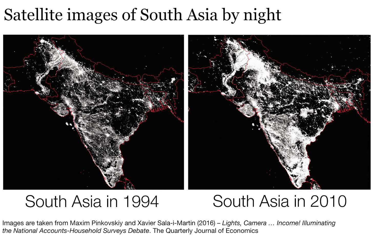 A satellite image of India at night from 1994 and 2010. 2010 is significantly brighter