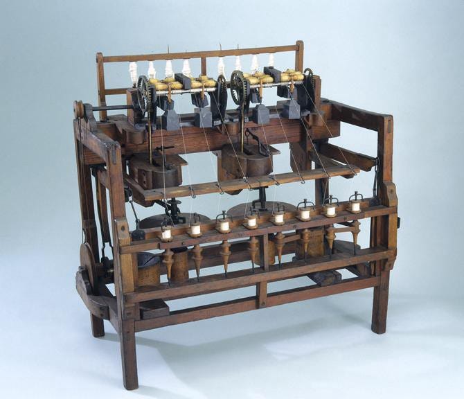 The Water frame, a water wheel powered spinning machine invented by John Kay while working for entrepenur Richard Arkwright. A sort of Steve Jobs and Steve Wozniak relation.