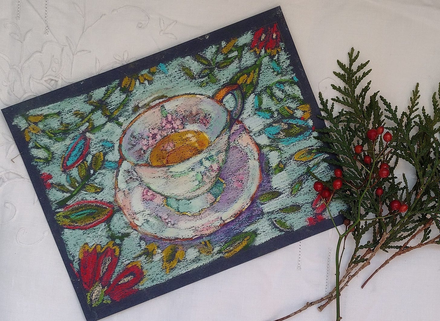 pastel illustration tea cup with floral background