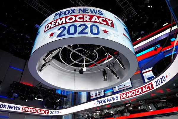 The Fox News studio in Manhattan on election night in 2020. A defamation suit by Dominion Voting Systems threatens a huge financial and reputational blow to Fox.