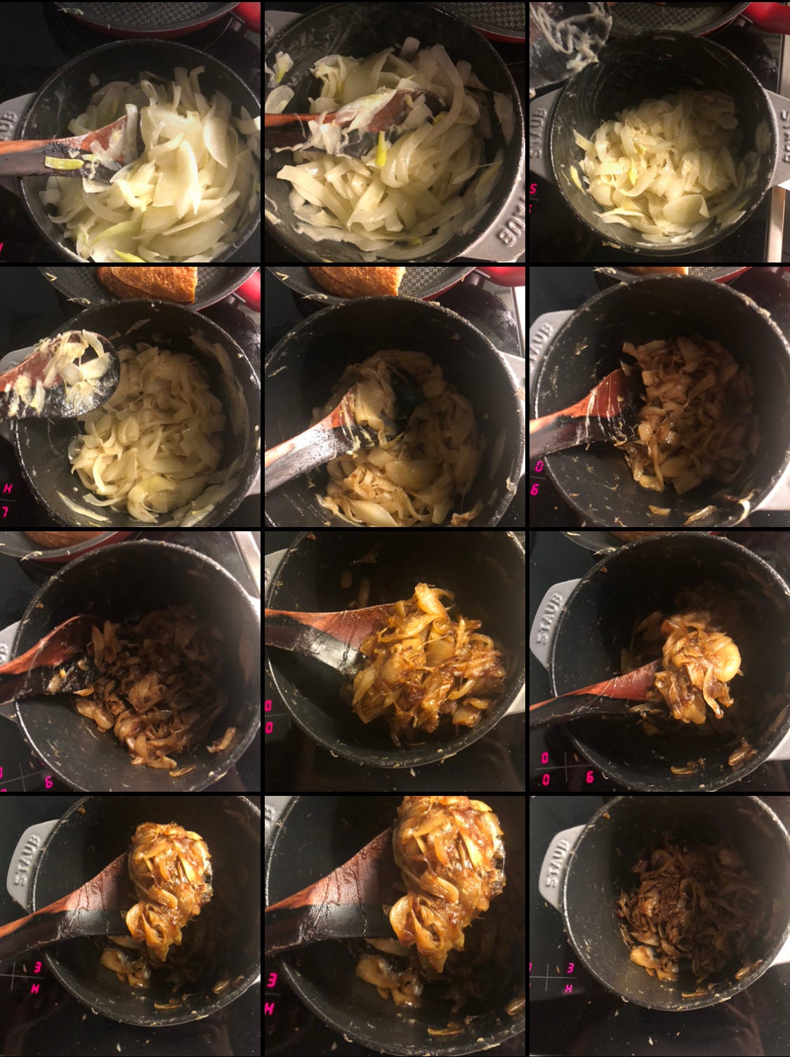 Screencap of phone photos gallery showing the progress of caramelized onions over the course of an hour.