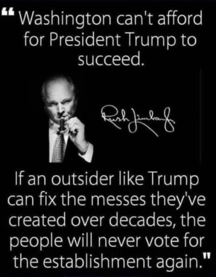 May be an image of 1 person and text that says '" Washington can't afford for President Trump to succeed. Ralalond Rnhj If an outsider like Trump can fix the messes they've created over decades, the people will never vote for the establishment again."'