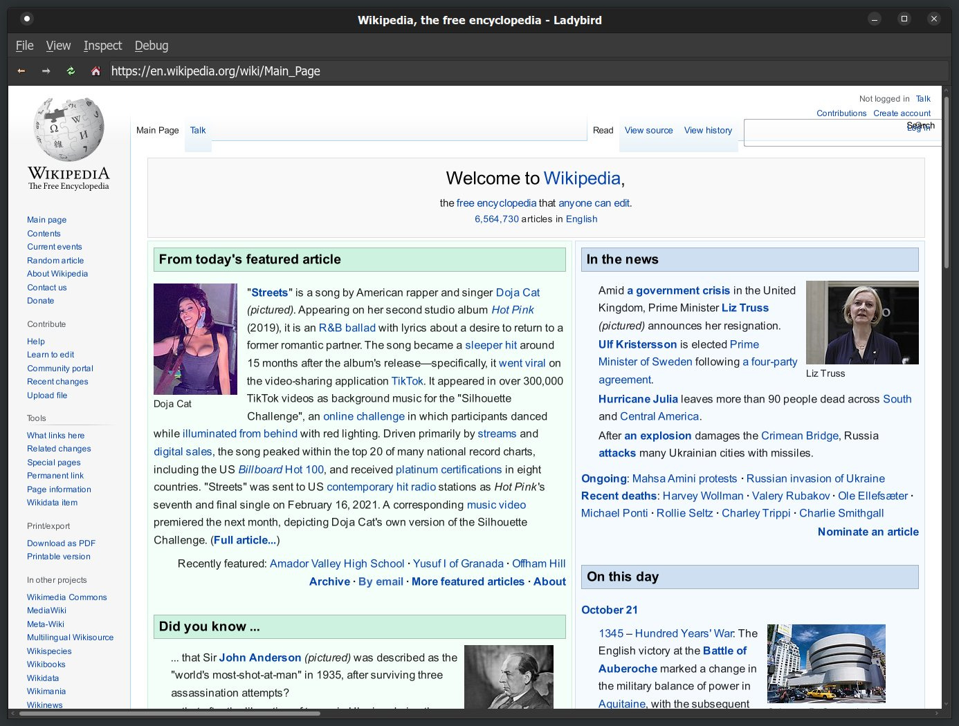 Screenshot of the Wikipedia front page in the Ladybird web browser.