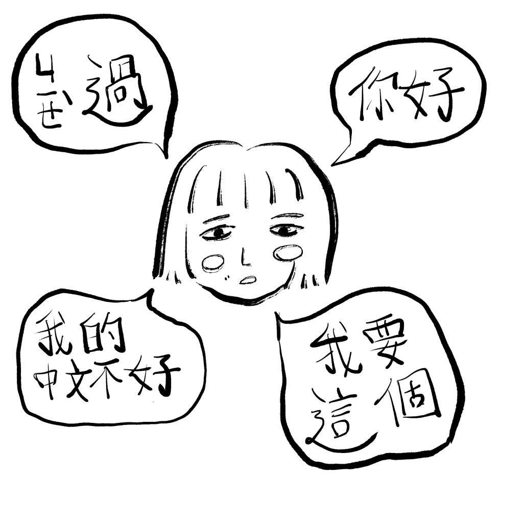 Illustrated character with broken mandarin speech bubbles