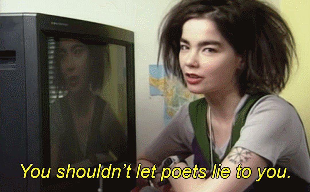 USAforART on Twitter: "Far be it for me to disagree with Björk, but IF  YOU'RE GOING TO LIE TO ME, DO IT WITH POETRY. . . [Image: Film still of  Björk sitting
