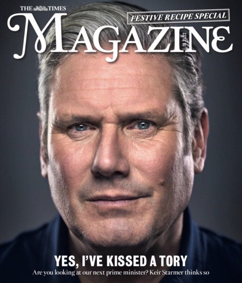 The Times magazine cover with Starmer photoshopped to have the appearance of a glazed ham. The cover line reads, “Yes, I’ve kissed a Tory.”