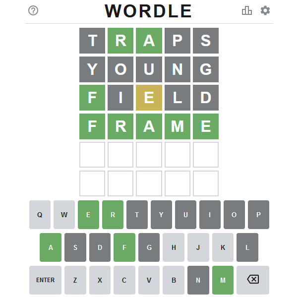 A screenshot showing a completed game of Wordle