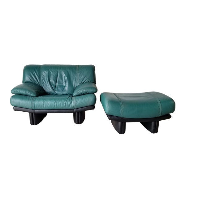 1990s Nicoletti Salotti Style Italian Postmodern Leather Lounge Chair with Ottoman For Sale