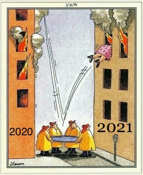 Far Side Comic: Woman jumps from burning building labeled: 2020 into a life net, which bounces her into a burning building marked: 2021