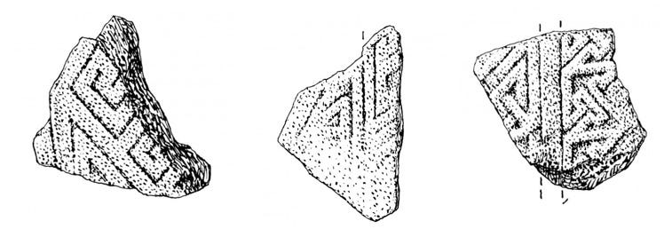 Drawings of Three fragments of Pictish ecclesiastical sculpture from Burghead, bearing key-pattern ornament