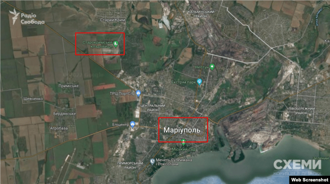 Screenshot of Google Maps with the location of the Old Crimean cemetery near the city of Mariupol
