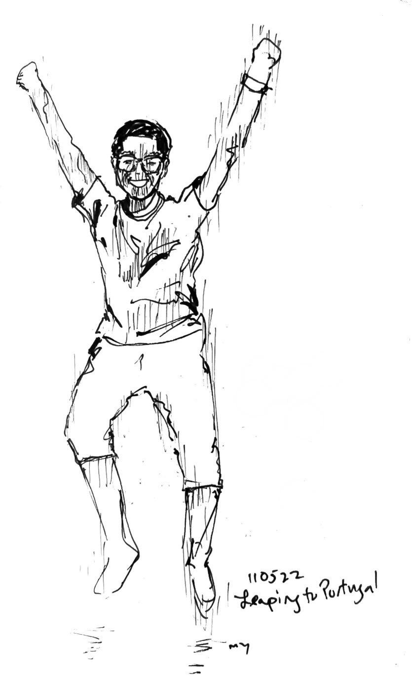 Image: black & white sketch with fine liner pen and brush pen of my husband leaping up with both feet off the ground, his arms stretched high, big beaming smile. Reacting to the news that our Portugal D7 visa has been approved.