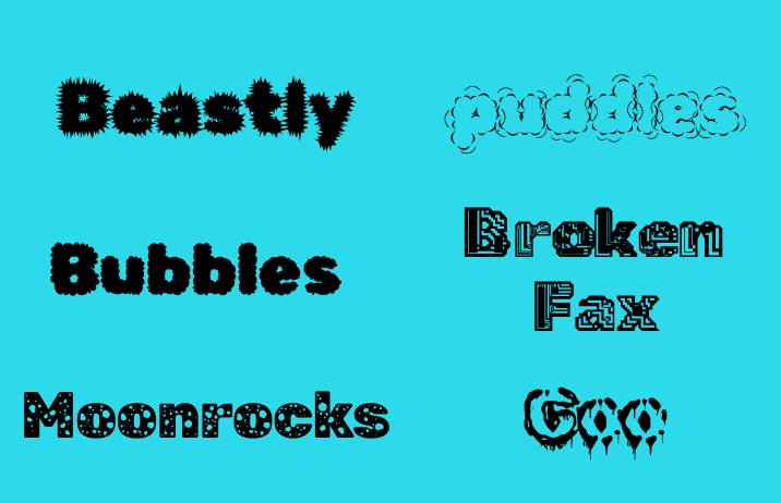 Rubik style variations: Beastly, Bubbles, Moonrocks, Bubbles, Broken Fox, and Goo