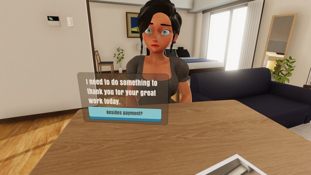 Female protagonist is sitting on the table while telling you she has stuff to do
