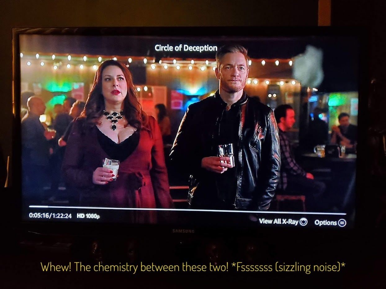 Peggy, a curvy redhead, and Jim, a nondescript scruffy white guy, standing next to each other holding drinks. Captioned "Whew! The chemistry between these two! *Fsssssss (sizzling noise)*"