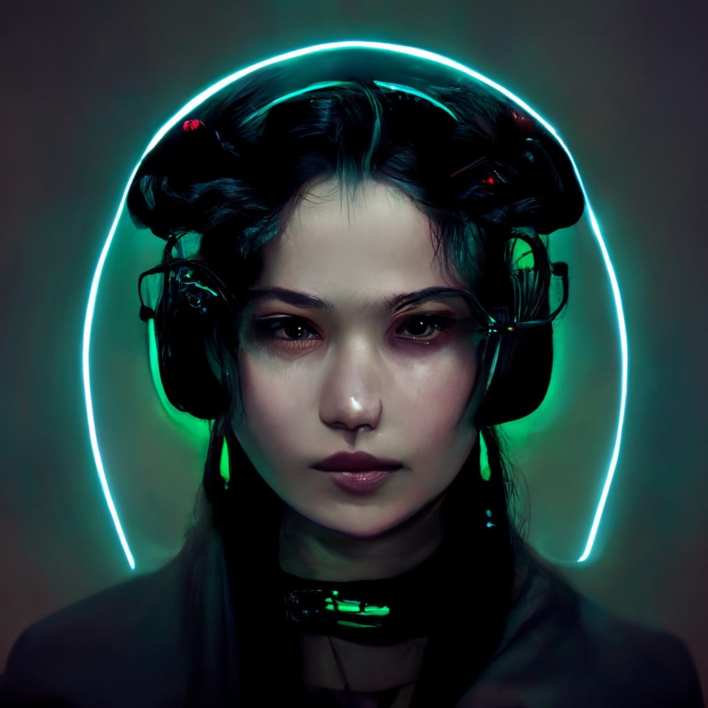 a portrait of a cyberpunk goddess with futuristic razer vr gaming headset