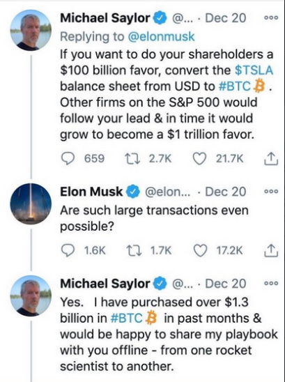 Tweets entre Michael Saylor y Elon Musk