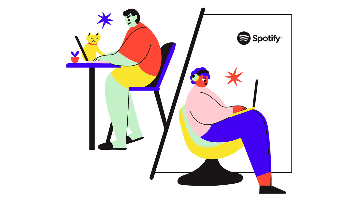 A playful, colorful illustration of two remote workers sitting in modern furniture and working on laptops with a forward slash dividing them and the Spotify logo in the upper-right corner.