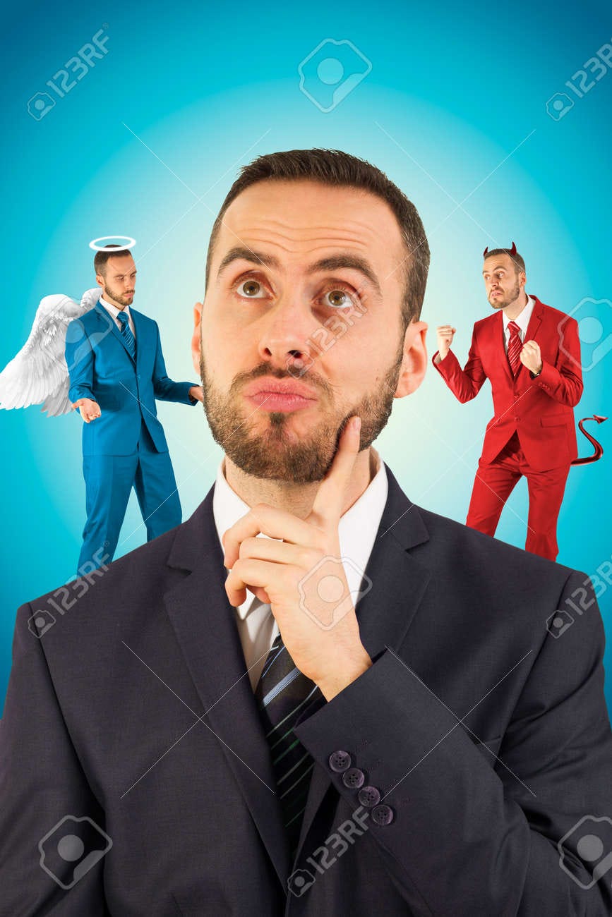 Businessman With Angel And Devil On His Shoulders. Stock Photo, Picture And  Royalty Free Image. Image 143678326.