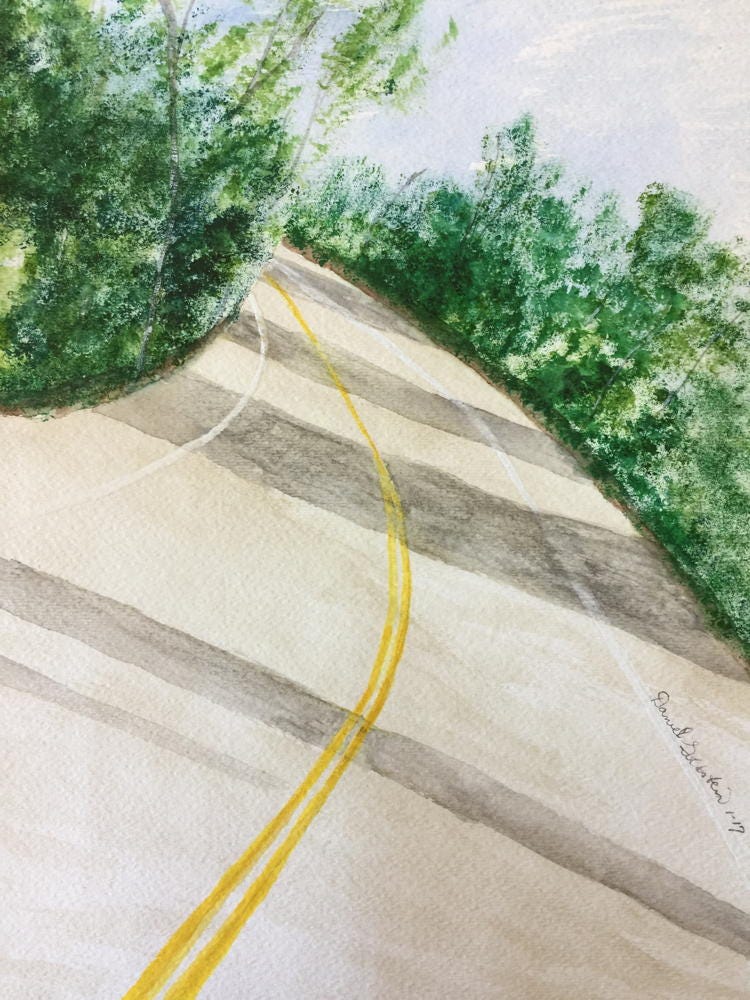 Watercolor of a road with yellow lines down the middle curving off into a forested area