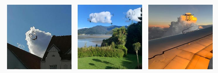 Screenshot di una pagina instagram, con tre foto. Le foto sono di paesaggi in cui si vedono nuvole. Una persona, con un tratto nero, ha trasformato le nuvole in personaggi che compiono azioni.