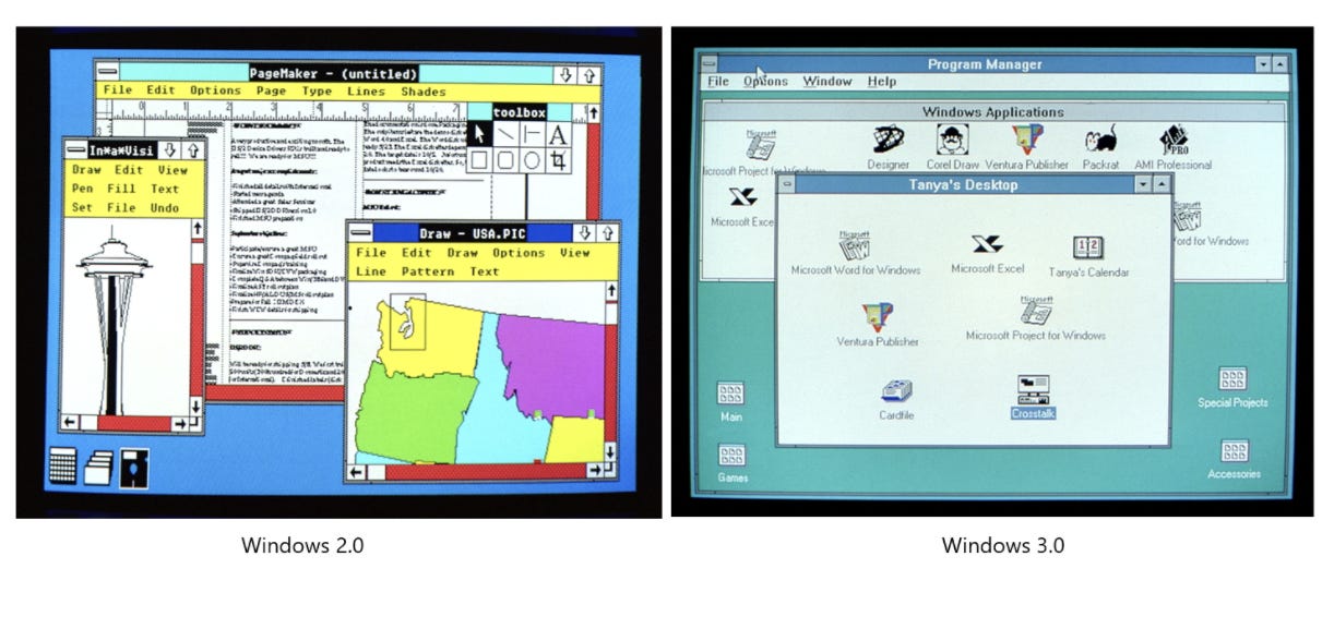 Screenshots comparing Windows 2.0 and Windows 3.0