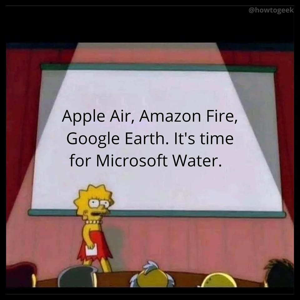 May be a cartoon of text that says 'Apple Air, Amazon Fire, Google Earth. It's time for Microsoft Water.'