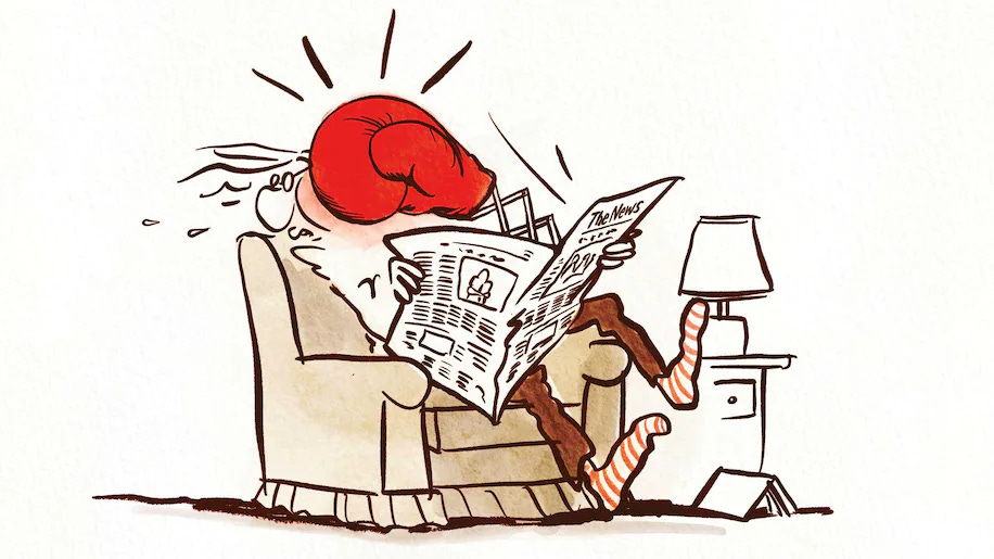Cartoon depicts person being punched in the face by a news story. A punching glove appears to be springing out of a newspaper to clock the reader in the face. 