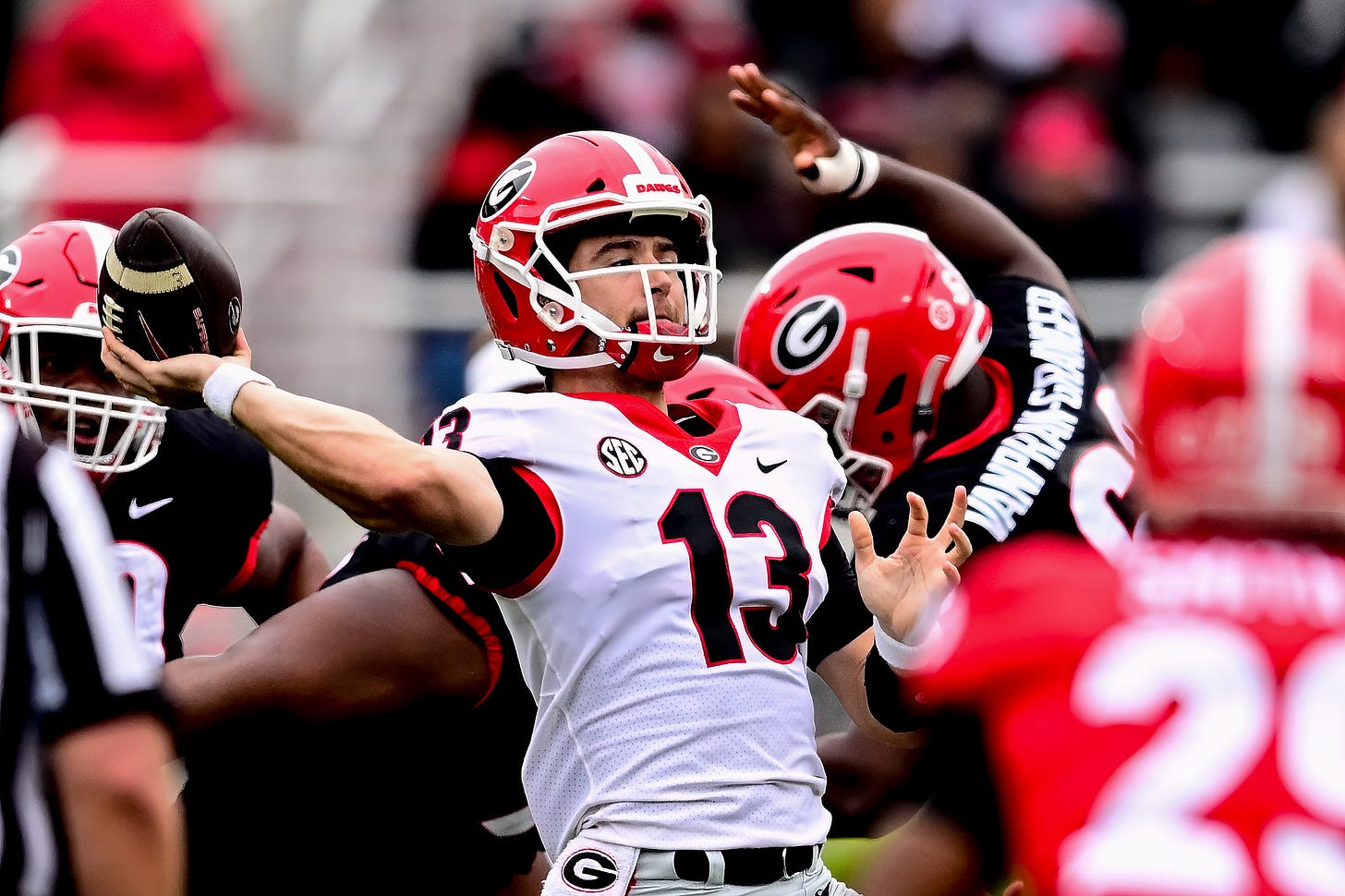 Georgia quarterback Stetson Bennett (13) during the G-Day scrimmage on Dooley Field at Sanford Stadium in Athens, Ga., on Saturday, April 16, 2022. (Photo by Rob Davis)