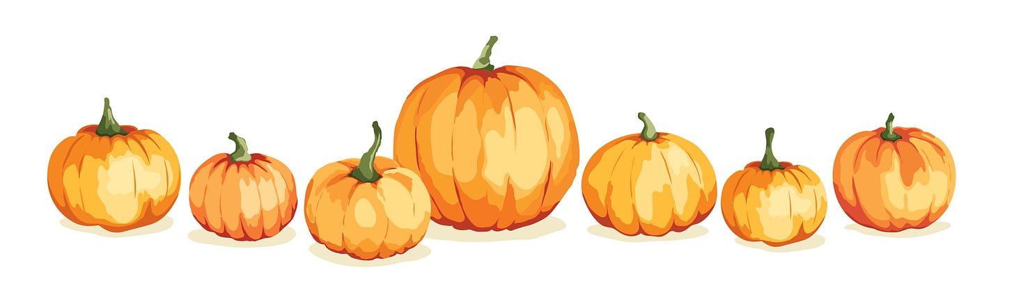 Colorful drawings of six small pumpkins and one large one.