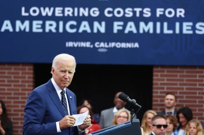 President Joe Biden stands after delivering remarks on lowering costs for American families at Irvine Valley College in Orange County on October 14, 2022 in Irvine, California.&nbsp; / Credit: Mario Tama / Getty Images