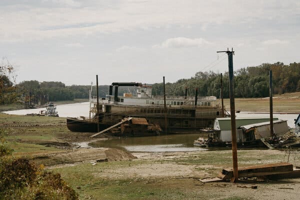 The wreckage of the Diamond Lady, which used to be a casino boat, is now exposed in Memphis because of the receding water levels of the Mississippi River.