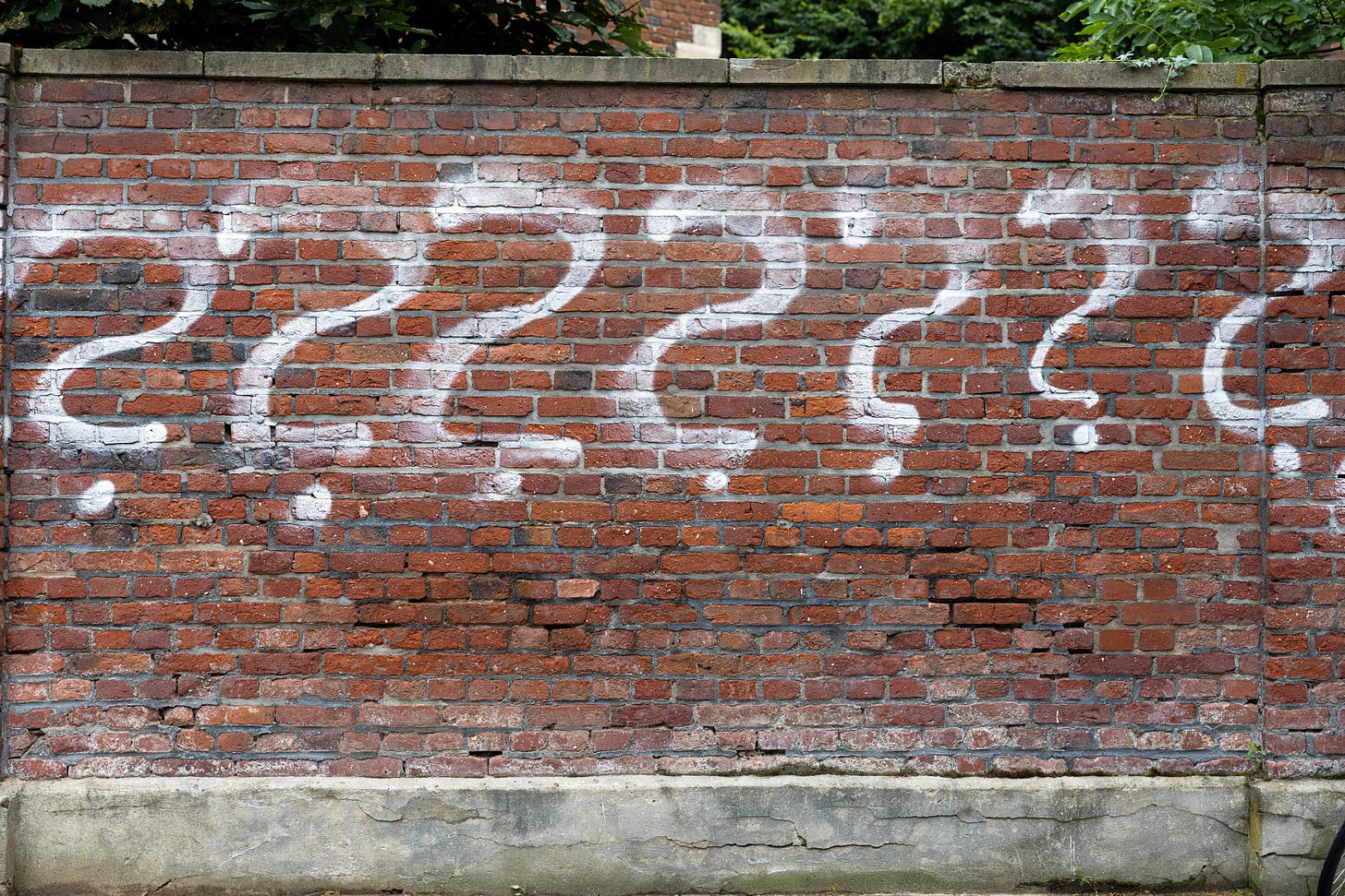 Brick wall with white spraypainted question marks in a very serpentine style. I like my question marks pointier at the bottom. Is it weird to have punctuation preferences?