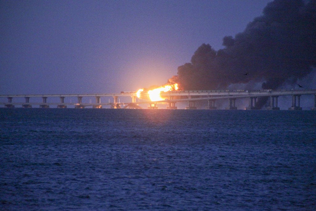 Fire on the Kerch bridge following Saturday’s bombing (Vera Katkova/Anadolu Agency via Getty Images)